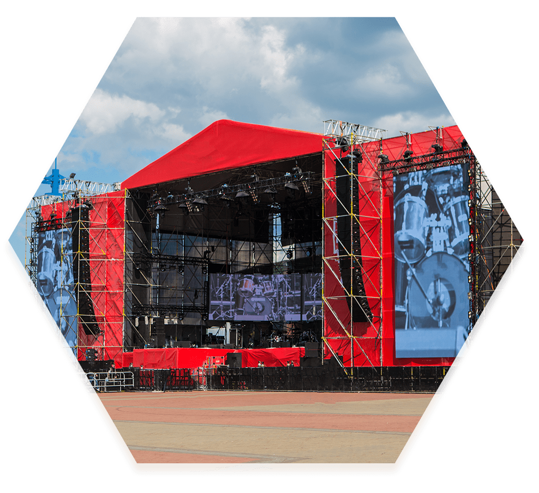 Music festival stage with mast gantries